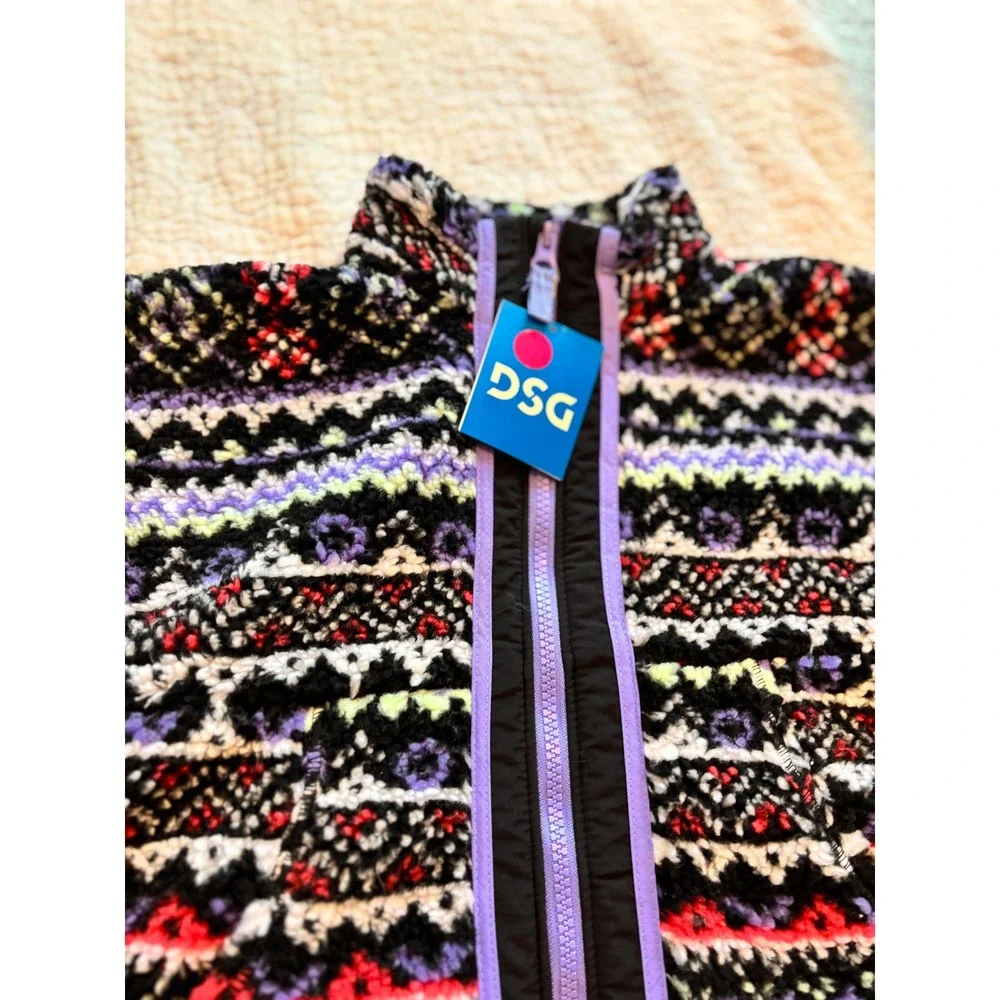DSG Girls Fleece Full Zip Jacket‎ Fair Isle Purple Black Mock Neck Size Small